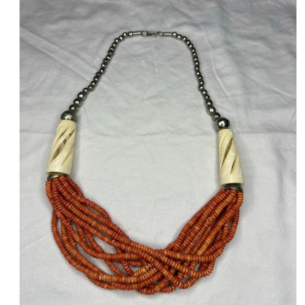 Vintage Multi Strand Wooden Bead Hand Carved Necklace Tribal Boho Statement